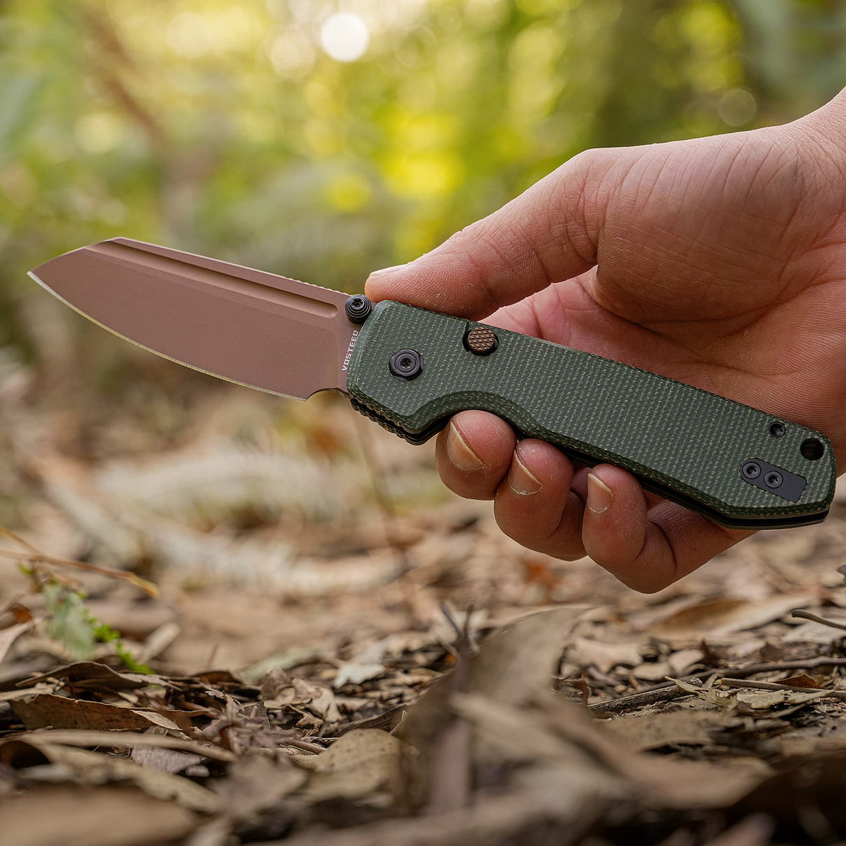 Raccoon 2.0 Top Liner Lock | Green Micarta + Copper Dune 14C28N Sheepsfoot - A2929