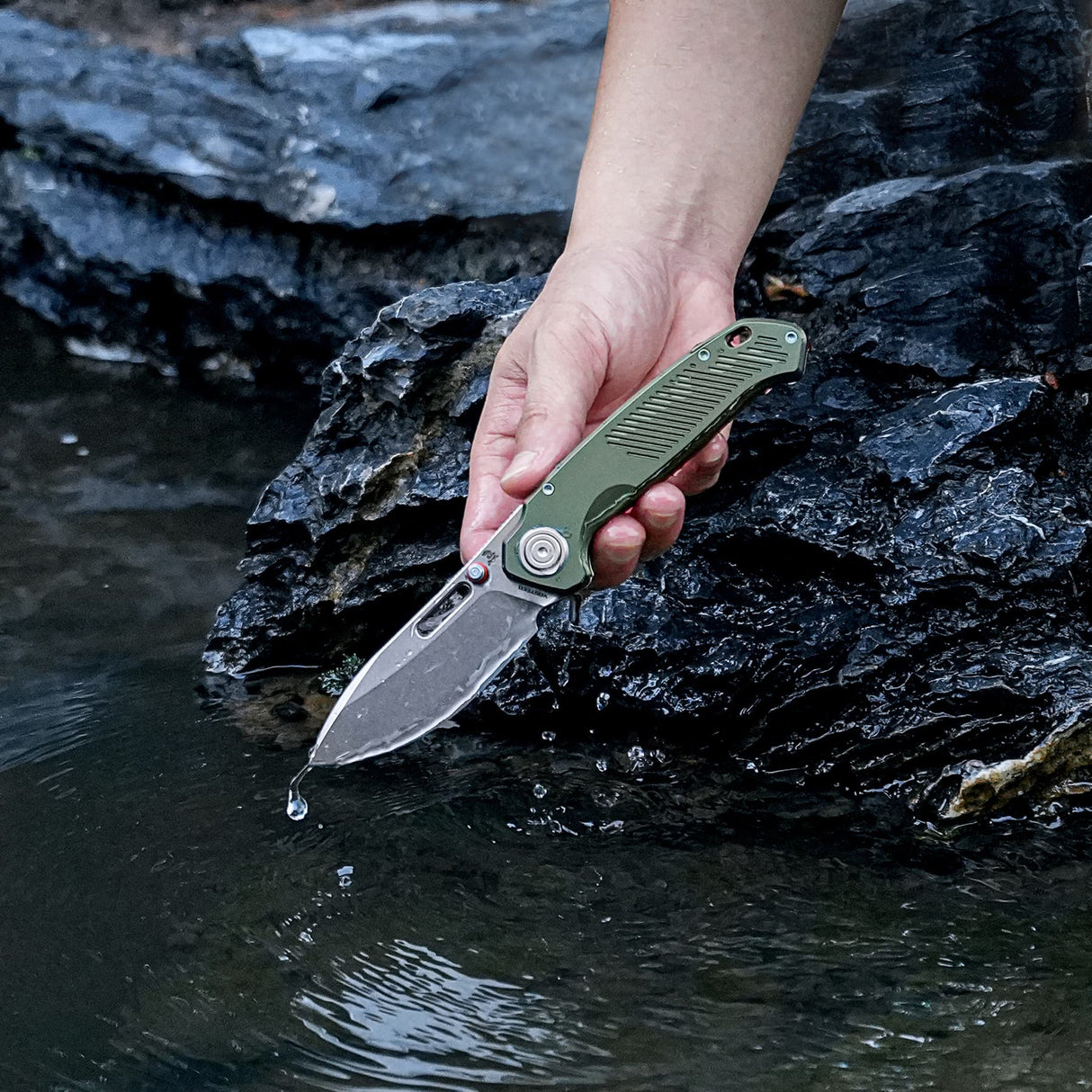 Zander - Vanchor Lock® | Olive Green Aluminium + Stonewash S35VN - A4602