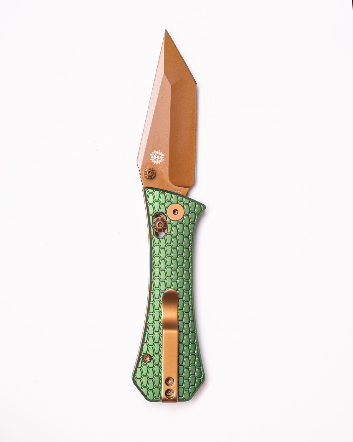 Coffin Tanto Deadhead Crossbar | Green Aluminium + Rose PVD 14C28N