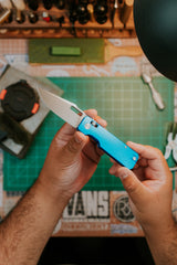 Aura Drop Point | Blue Aluminium + Stonewash 14C28N